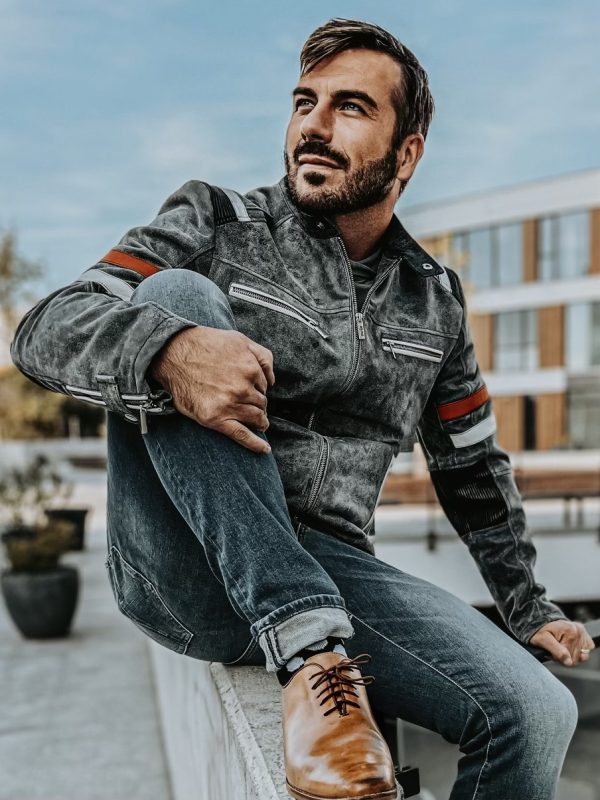 Hamilton Supersport Grey Crackle – Men’s sport leather jacket