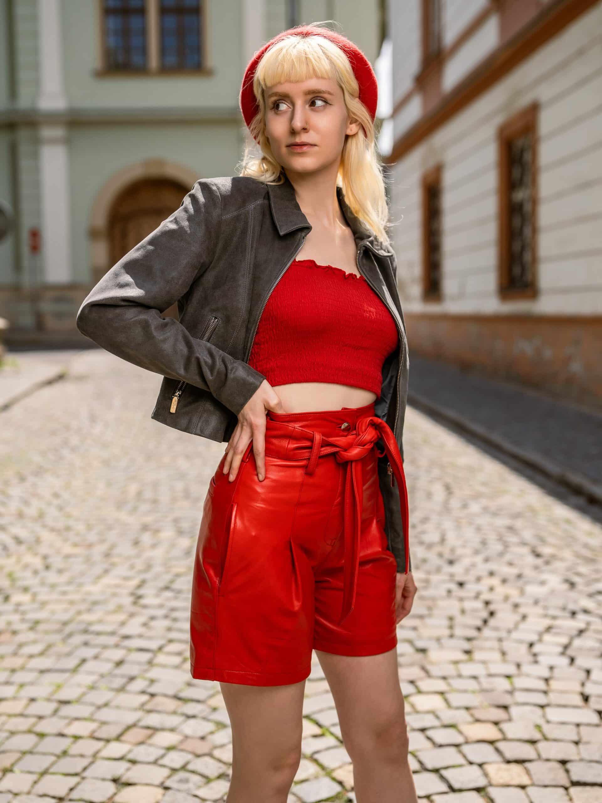 Marilyn Red - Leather High-Waist Shorts
